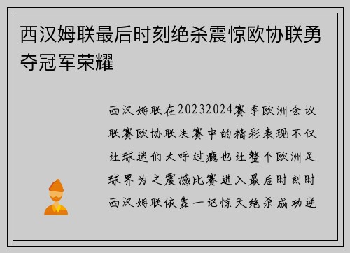 西汉姆联最后时刻绝杀震惊欧协联勇夺冠军荣耀