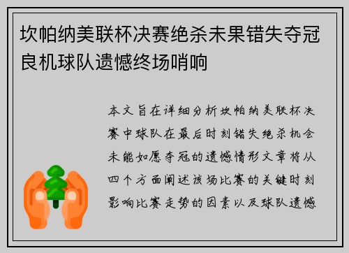 坎帕纳美联杯决赛绝杀未果错失夺冠良机球队遗憾终场哨响