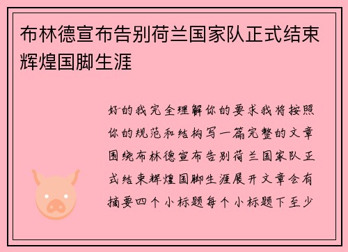 布林德宣布告别荷兰国家队正式结束辉煌国脚生涯