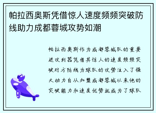 帕拉西奥斯凭借惊人速度频频突破防线助力成都蓉城攻势如潮