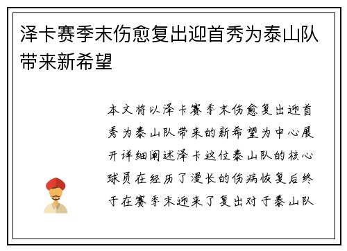 泽卡赛季末伤愈复出迎首秀为泰山队带来新希望