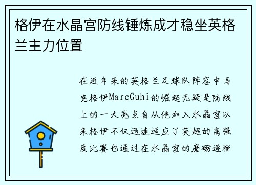 格伊在水晶宫防线锤炼成才稳坐英格兰主力位置